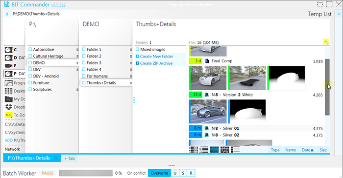 Combining thumbnail and detailed file representation in the same view